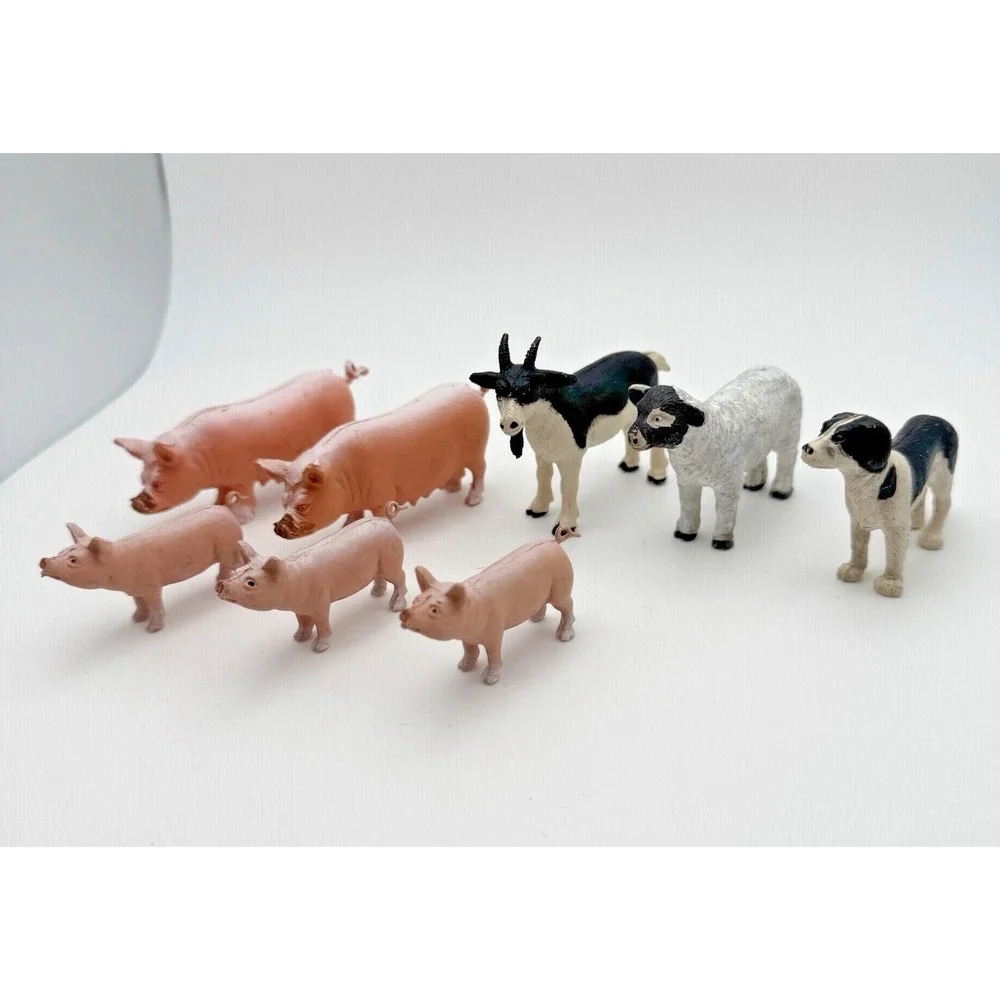 1989 Funrise ~ 8 Farm Animals Figurines Pig Sow Piglets Dog Goat Sheep Lamb Vtg